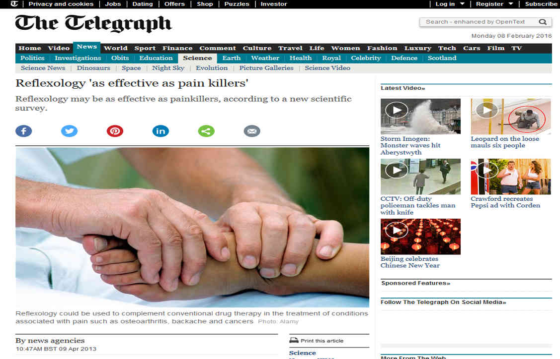 http://www.telegraph.co.uk/news/science/9981099/Reflexology-as-effective-as-pain-killers.html